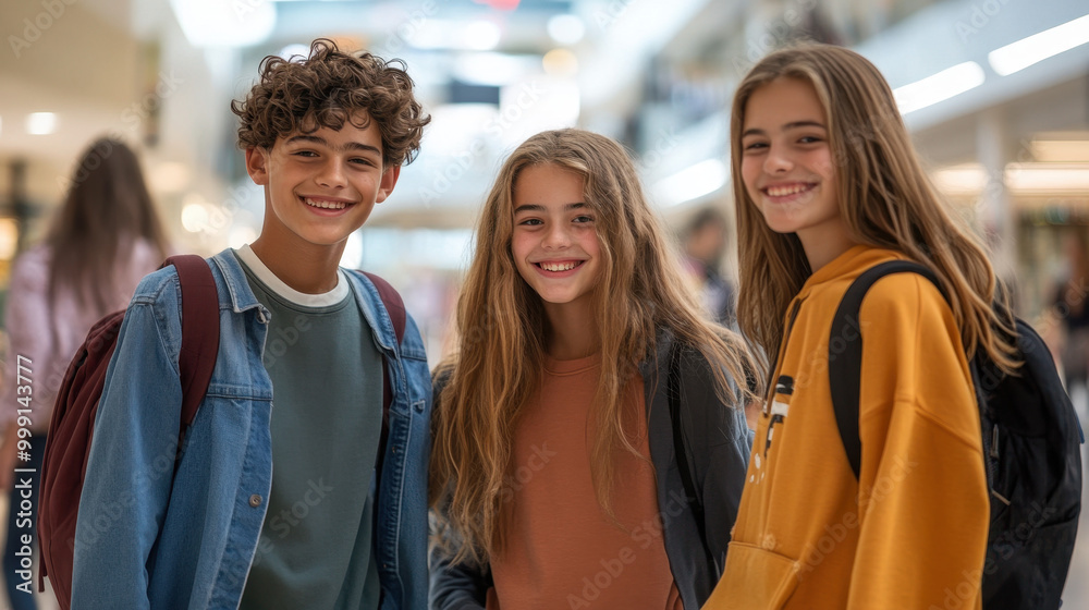 Three happy teenagers with backpacks smiling together in a brightly lit shopping mall. Three happy teenagers with backpacks smiling together in a brightly lit shopping mall.