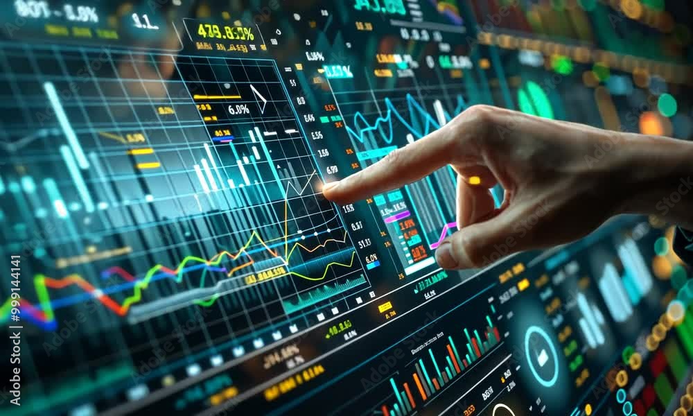 Hand Interacting with Financial Data on a Screen Hand Interacting with Financial Data on a Screen