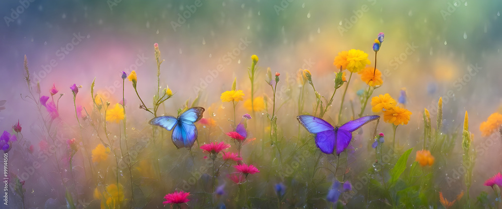 Two Blue Butterflies in Colorful Flower Field Two Blue Butterflies in Colorful Flower Field