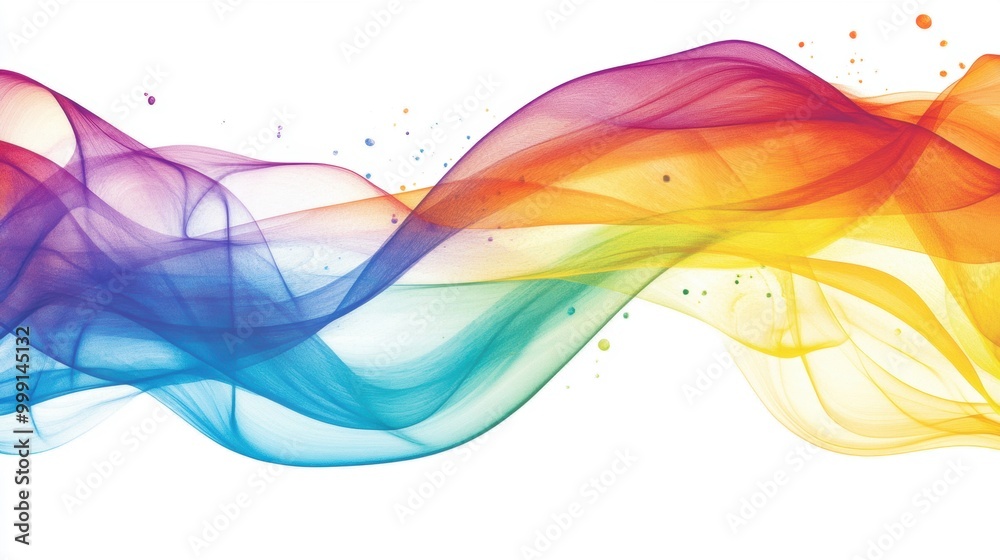 Colorful waves in rainbow hues softly flow over a white background, creating a visually captivating and dynamic abstract pattern