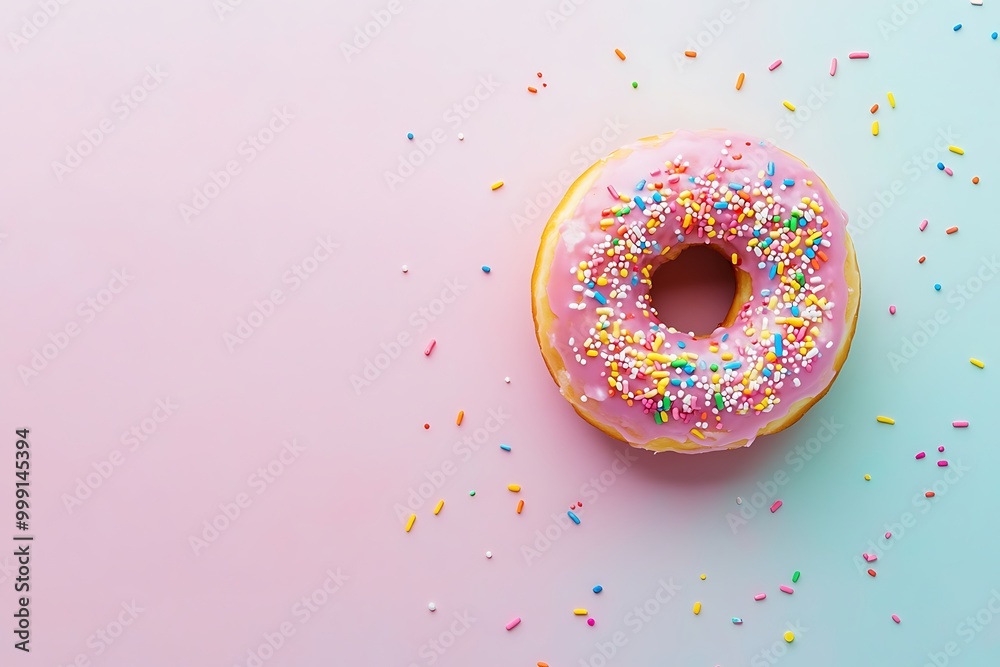 Pink Glazed Donut with Sprinkles on a Pastel Background Pink Glazed Donut with Sprinkles on a Pastel Background