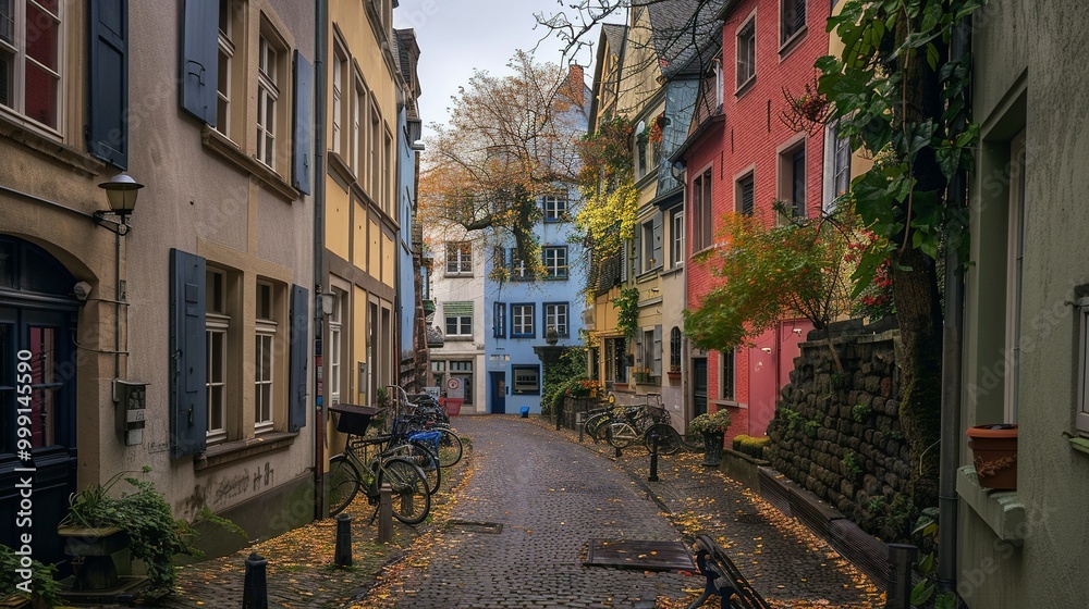 Obraz premium Narrow cobblestone street lined with colorful buildings in Europe.