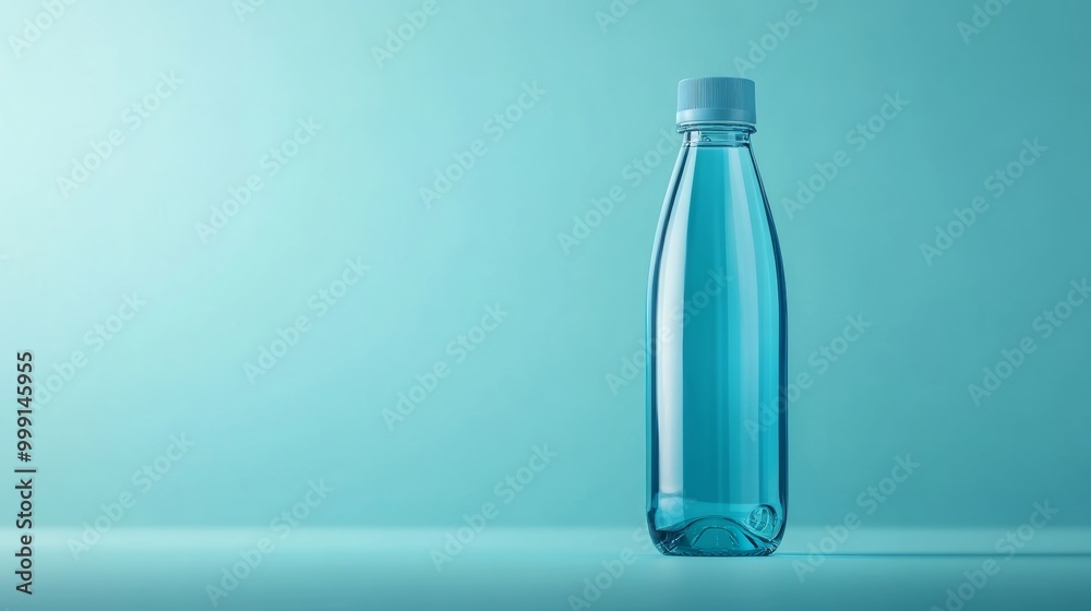 A beautifully designed water bottle with a sleek shape, showcasing its refreshing contents. The bottle is isolated against a bright background, highlighting its health benefits A beautifully designed water bottle with a sleek shape, showcasing its refreshing contents. The bottle is isolated against a bright background, highlighting its health benefits