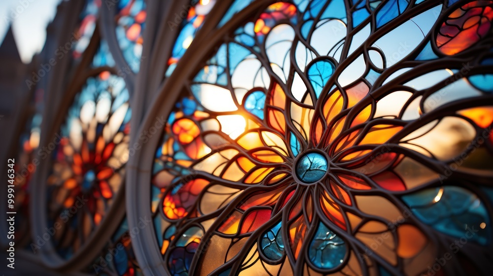 Stained Glass Window with Sunset Stained Glass Window with Sunset