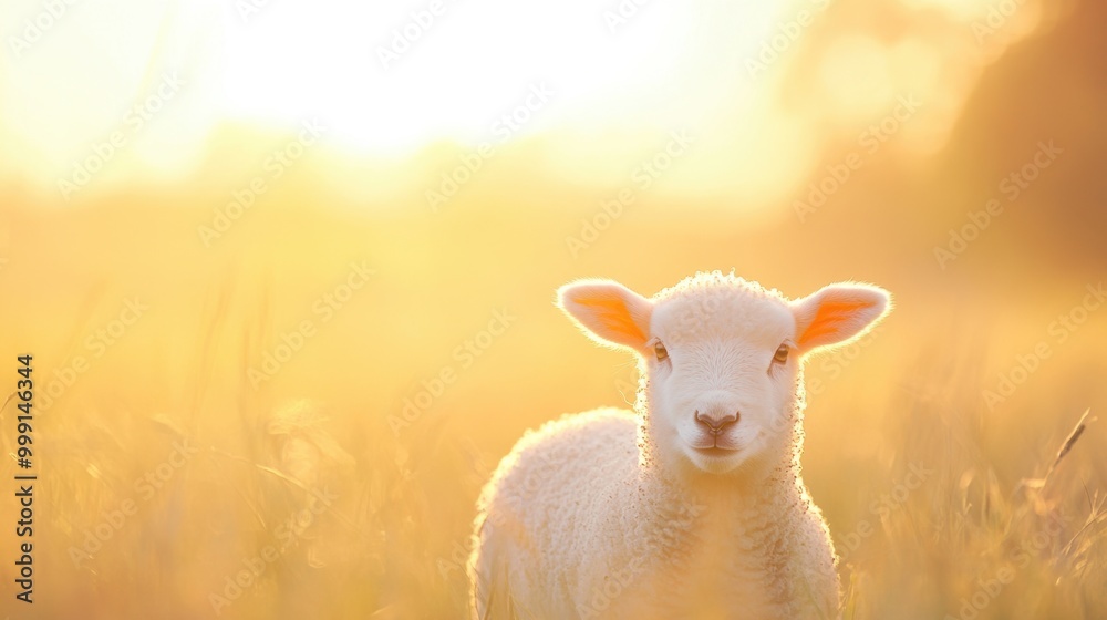 Obraz premium A fluffy lamb stands peacefully in a sunlit field, surrounded by soft grass as golden light illuminates its gentle features