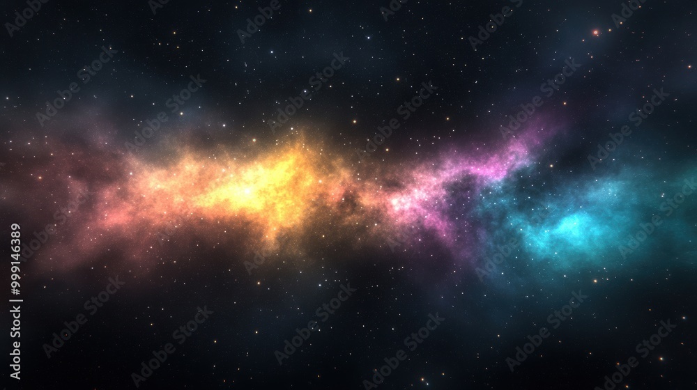 Naklejka premium A vibrant cosmic nebula dazzles in hues of orange, pink, and blue, illustrating the beauty of space and stellar development