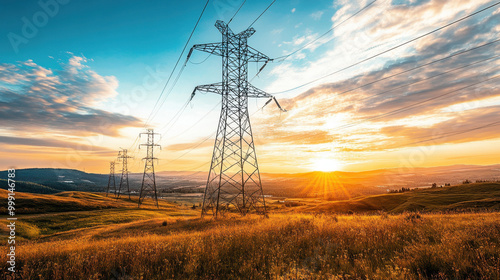A scenic view of powerlines extending across a golden landscape at sunset, capturing the beauty of nature and technology intertwined.