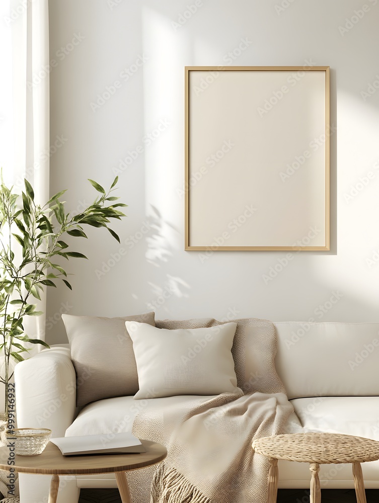 A minimalist living room with a white sofa, a wooden coffee table, a plant, and a blank frame on the wall. A minimalist living room with a white sofa, a wooden coffee table, a plant, and a blank frame on the wall.