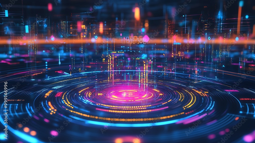 Obraz premium Dynamic Data Analytics Concept with Floating Charts and Graphs Surrounding Central Hub Processing Big Data