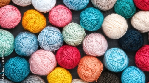 Colorful yarn balls in various shades are gathered together, perfect for knitting and crafting in a creative environment