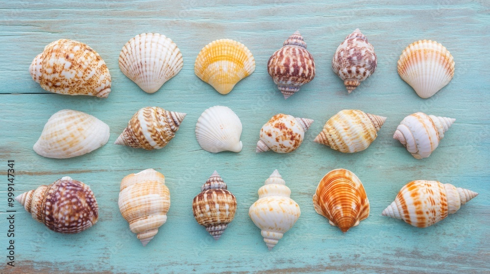 A vibrant collection of assorted sea shells rests on a weathered wooden surface, showcasing their natural beauty and textures A vibrant collection of assorted sea shells rests on a weathered wooden surface, showcasing their natural beauty and textures