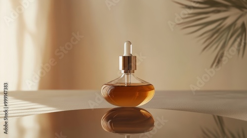 A modern dropper filled with a nourishing facial oil, suspended above a soft surface, creating a beautiful reflection. The dropper highlights the product's luxurious and effective qualities photo