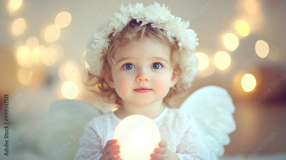 A charming child in angel attire holds a gentle light, captivating the atmosphere with innocence while soft lights twinkle in the background A charming child in angel attire holds a gentle light, captivating the atmosphere with innocence while soft lights twinkle in the background