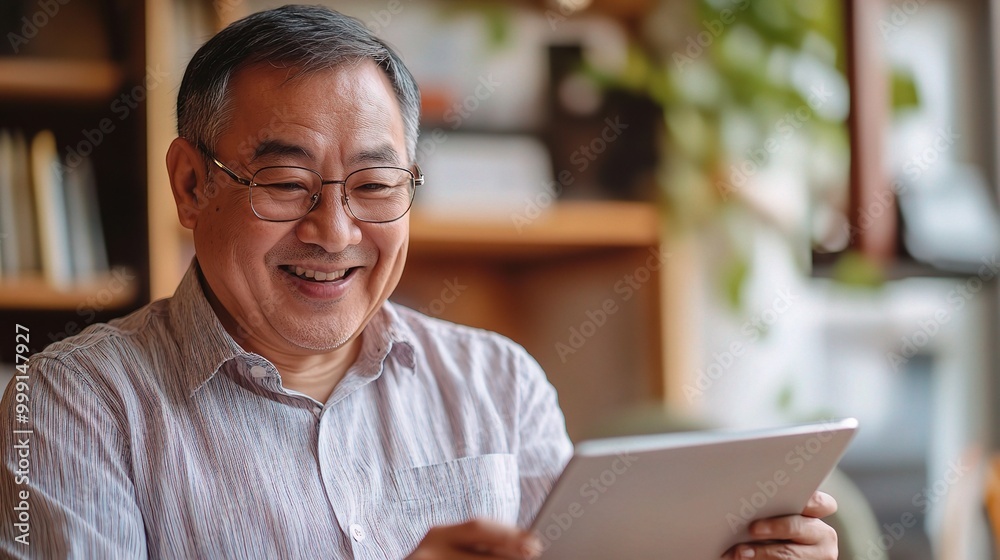 Happy Senior Man Using Tablet at Home Happy Senior Man Using Tablet at Home