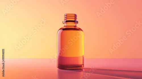 A sleek 3d bottle of essential oil, featuring a shiny surface and vibrant label. The bottle is displayed against a clean backdrop, emphasizing its aromatic benefits