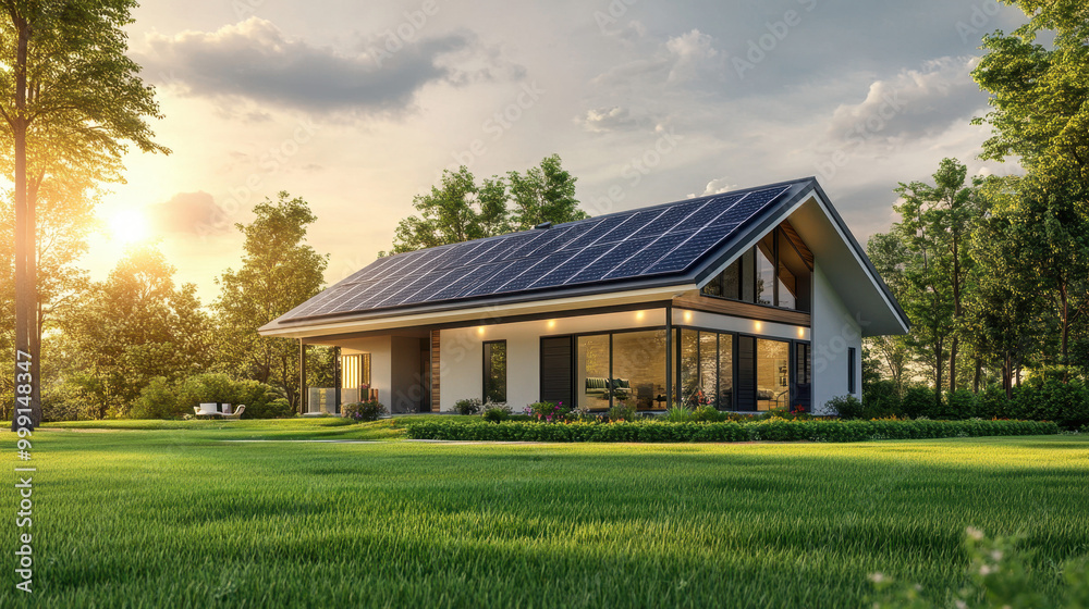 Modern eco-friendly house with solar panels on the roof, surrounded by lush greenery and bathed in golden sunlight. Modern eco-friendly house with solar panels on the roof, surrounded by lush greenery and bathed in golden sunlight.