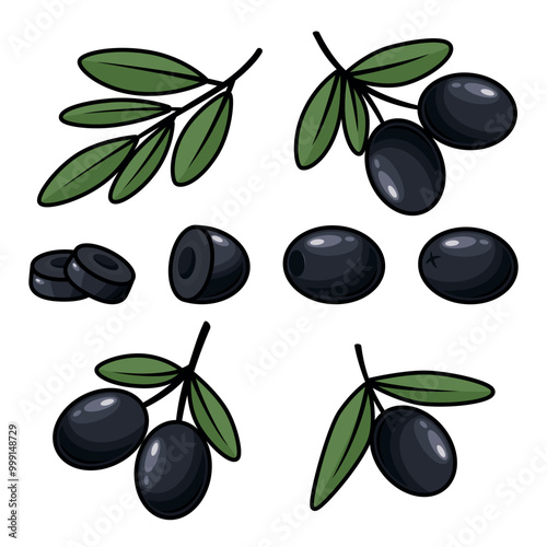 Flat Vector Black Olives and Branch Outline Set. Hand-Drawn Olive Tree Berries and Branch Clipart. Olive Twig with Leaves for Olive Oil Products, Packaging, Food Design Template