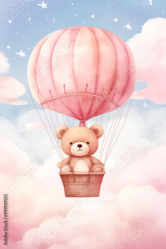 Illustration of a funny bear cub in a hot air balloon in pink colours.