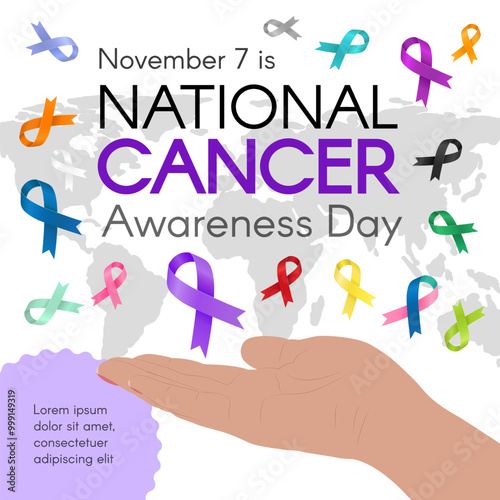 National Cancer Awareness Day. Cancer awareness. Many ribbons of different colors. Flat vector illustration.