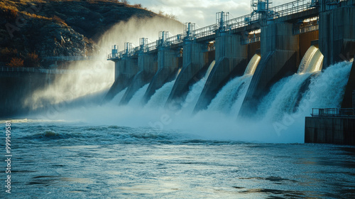 A large dam with multiple gates releasing water, creating powerful white currents under a clear sky. The structure's concrete design contrasts with the flowing river. photo