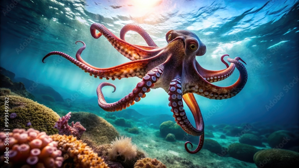 Fototapeta premium Mesmerizing underwater photography capturing the beauty of an octopus in the depths of the deep sea , underwater