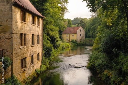 Picturesque riverside village with historic stone buildings