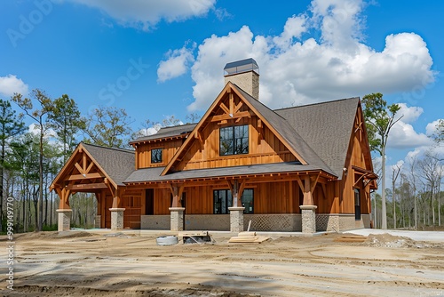 Modern new wooden house on blue sky background