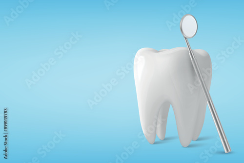 Vector 3D Realistic Tooth and Dental Mirror for Teeth Closeup Isolated on Blue Background. Medical Dentist Tool. Design Template, Clipart, Mockup. Dentistry, Healthcare, Hygiene Concept