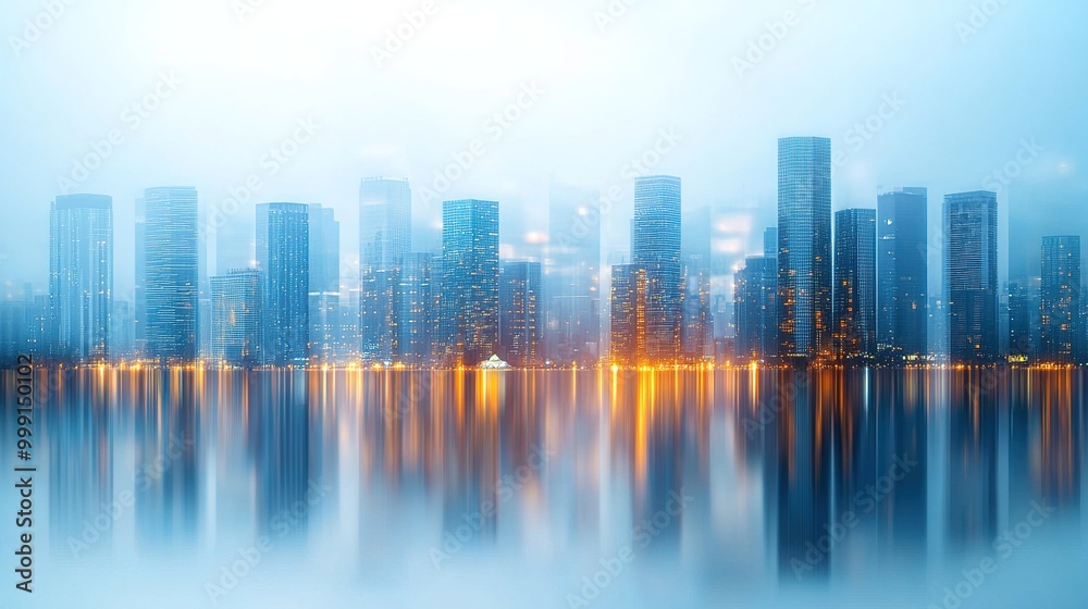 Misty Cityscape with Soft Reflections on Water Misty Cityscape with Soft Reflections on Water