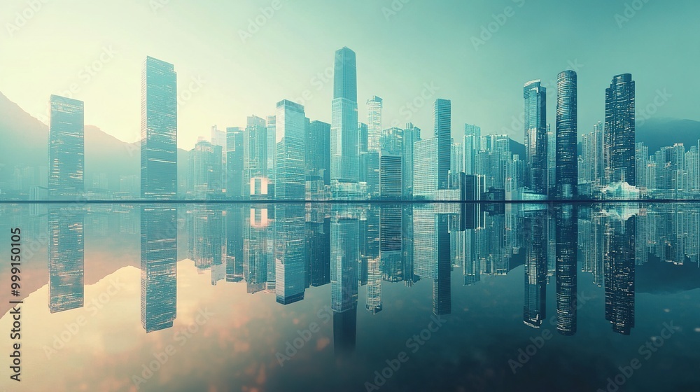 Modern Cityscape with Reflections at Dusk Modern Cityscape with Reflections at Dusk