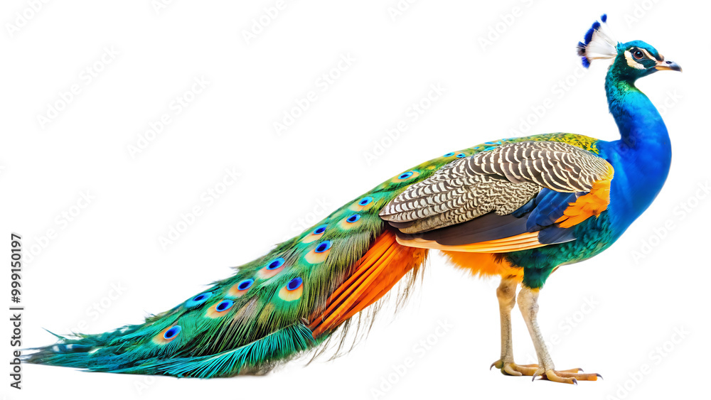 Fototapeta premium Close up photograph of a full body peacock isolated on solid white background. PNG