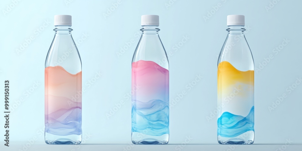 An eye-catching 3d water bottle with a sleek design, featuring a colorful label. The bottle is displayed against a clean backdrop, emphasizing its refreshing appeal An eye-catching 3d water bottle with a sleek design, featuring a colorful label. The bottle is displayed against a clean backdrop, emphasizing its refreshing appeal