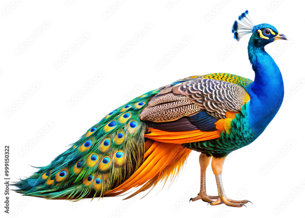 Fototapeta premium Close up photograph of a full body peacock isolated on solid white background. PNG
