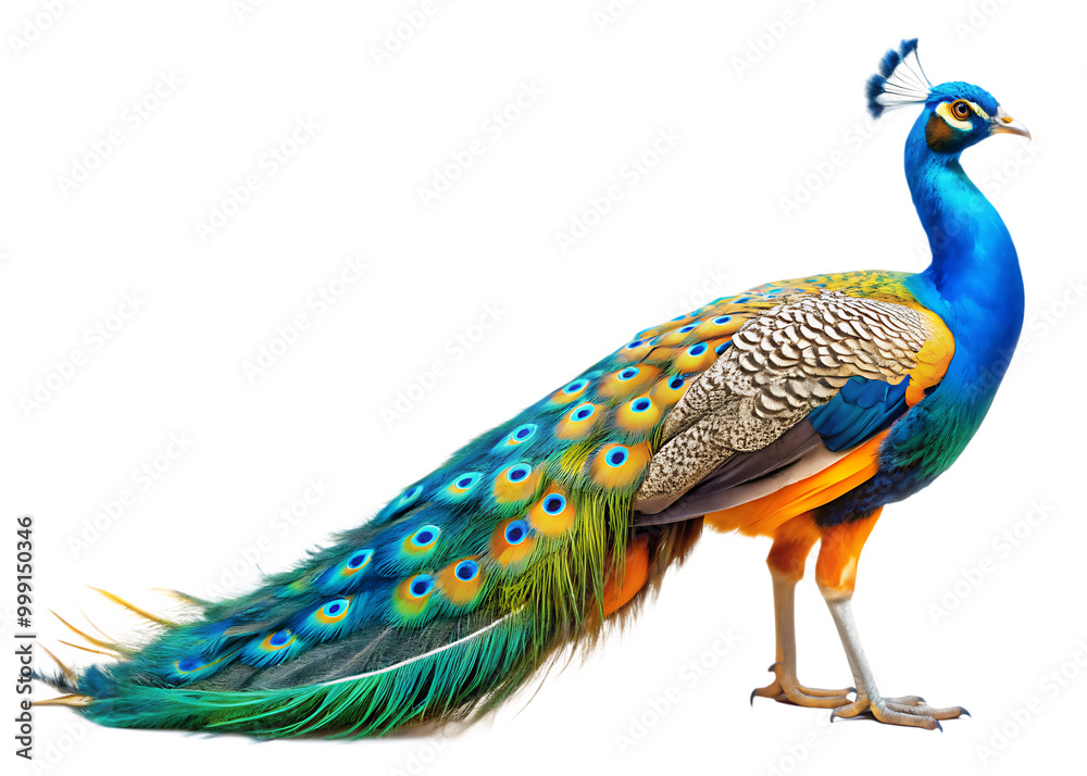 Fototapeta premium Close up photograph of a full body peacock isolated on solid white background. PNG