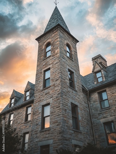 Majestic stone tower with spire against dramatic sky