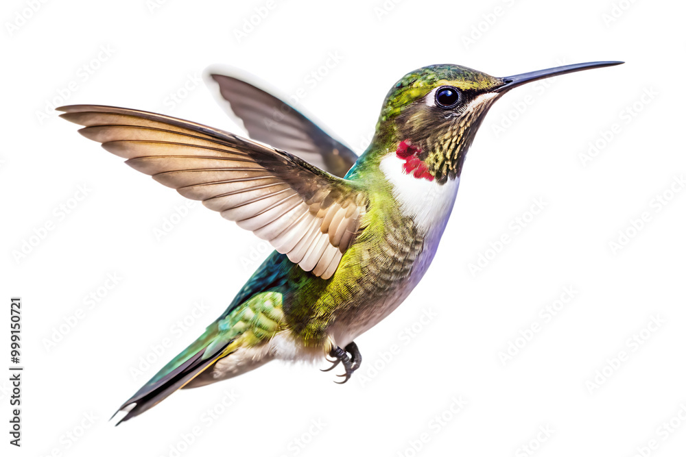 Obraz premium Flaying hummingbird Bird white background. AI GENERATED