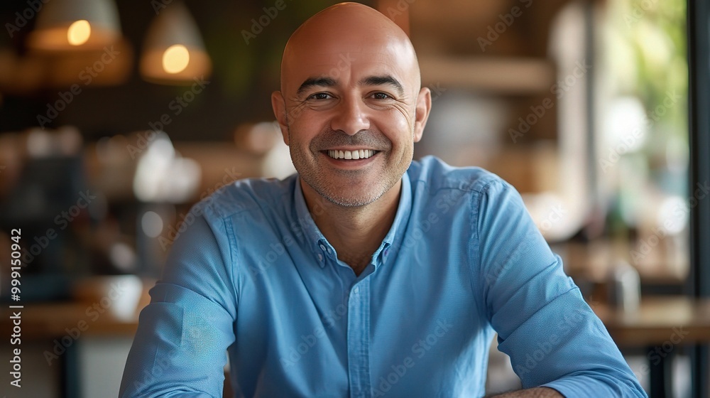Obraz premium Happy Man Smiling in a Cozy Cafe Setting