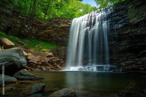 Majestic Waterfall in Lush Forest Landscape