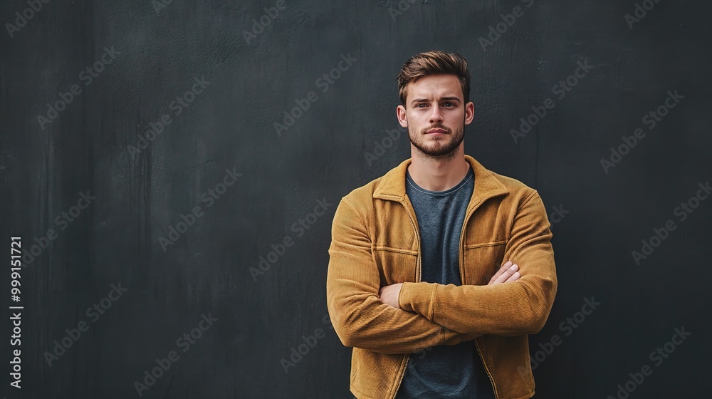 Confident Young Man Standing Against Dark Wall Confident Young Man Standing Against Dark Wall
