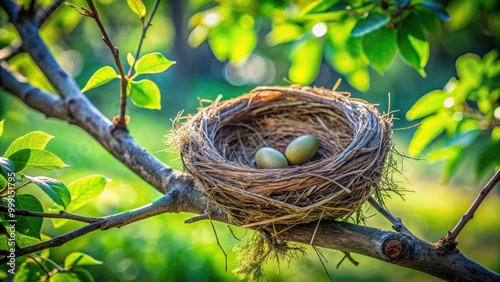 Two bird nests on a branch, symbolizing mutual trust and peaceful coexistence , mutual trust, nests, birds, branch, coexisting