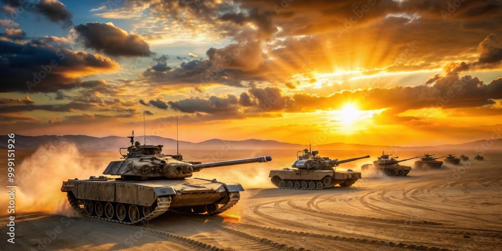 Sunset over military tanks in desert maneuvers , sunset, military tanks, desert, maneuvers Sunset over military tanks in desert maneuvers , sunset, military tanks, desert, maneuvers