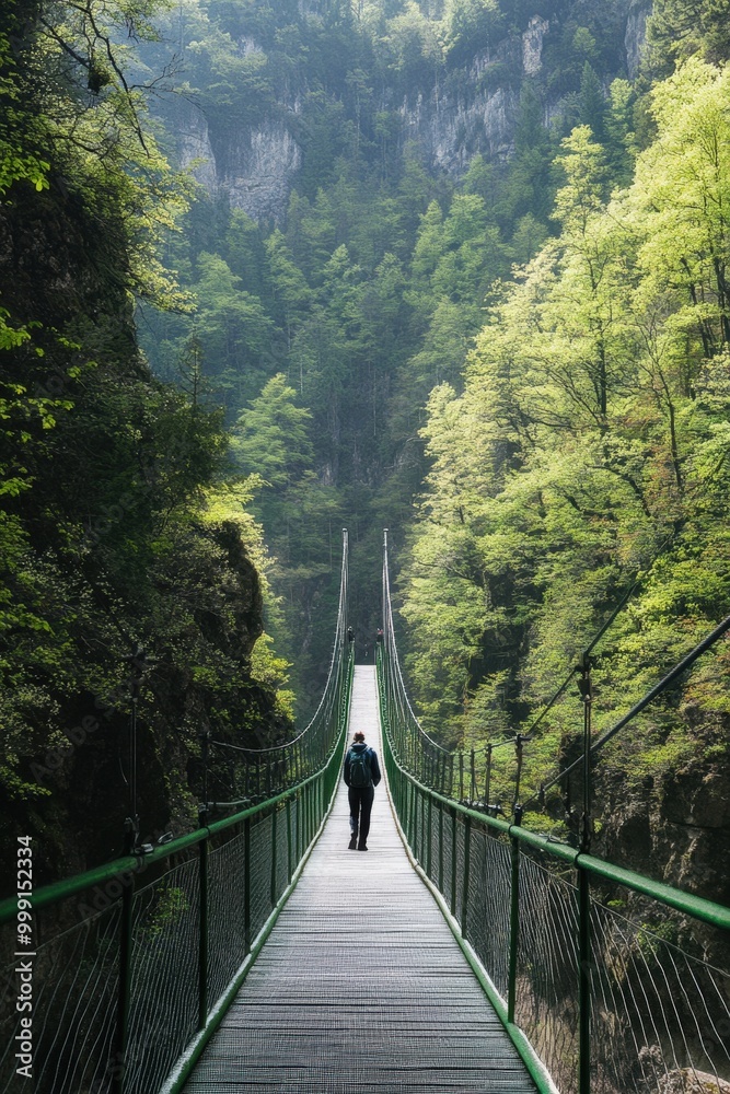 Obraz premium Scenic suspension bridge in lush green forest