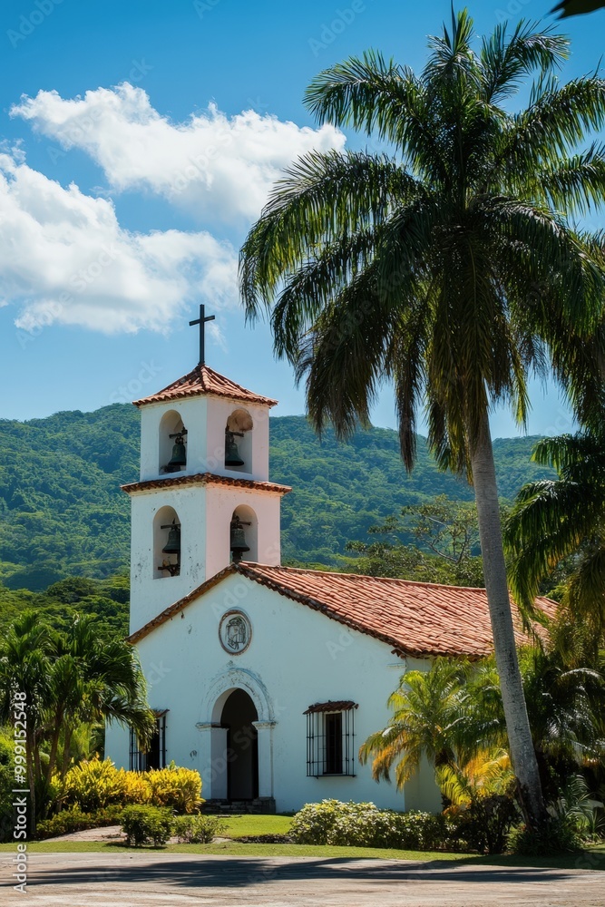 Fototapeta premium Tropical church with palm trees in the background