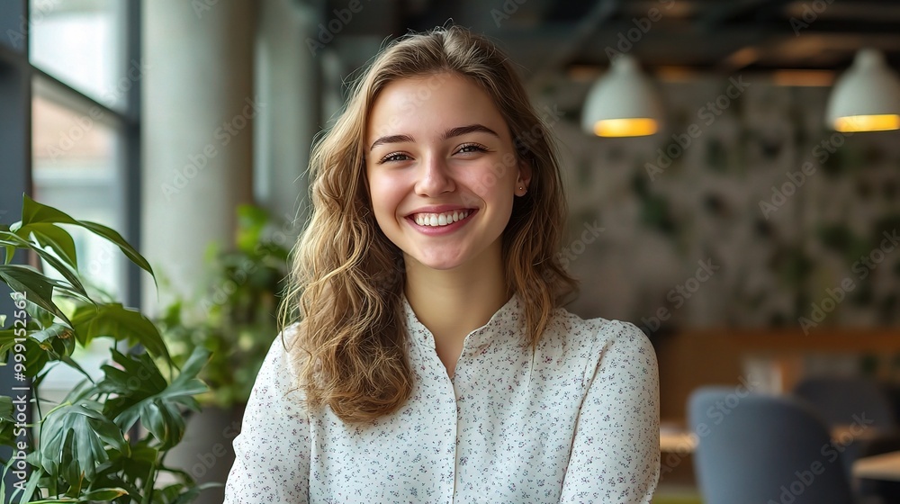 Joyful Woman Smiling in Bright Indoor Space Joyful Woman Smiling in Bright Indoor Space