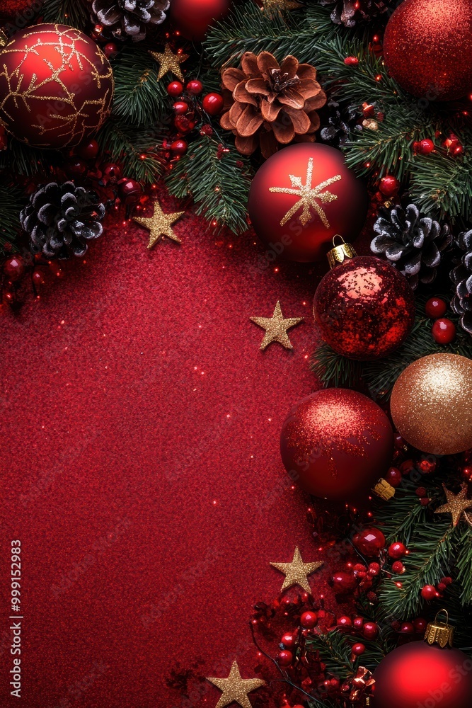 Bright holiday decorations on a red backdrop convey warmth and joy, ideal for e-commerce banners or gift packaging in winter campaigns. Bright holiday decorations on a red backdrop convey warmth and joy, ideal for e-commerce banners or gift packaging in winter campaigns.