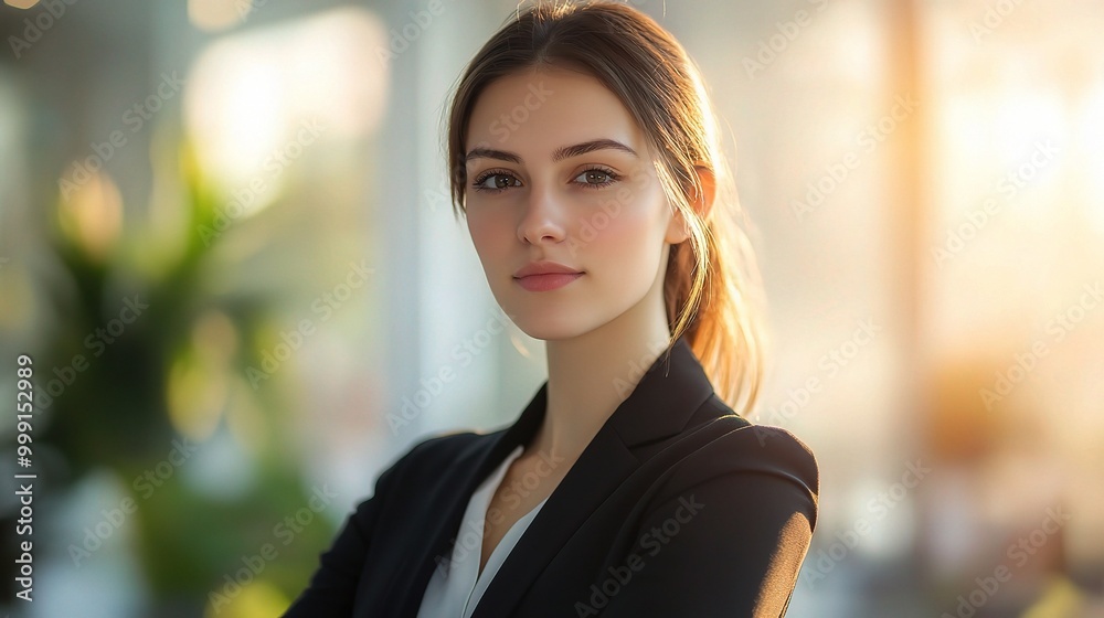 Confident Woman in Professional Attire at Office Setting Confident Woman in Professional Attire at Office Setting
