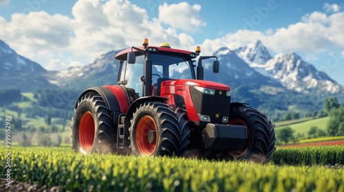 A bright red 3D-rendered tractor driving through a detailed farm landscape, with crops and mountains in the background under a blue sky.