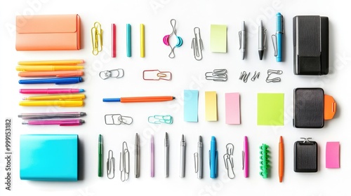 A flat lay of assorted office supplies including pens, paper clips, sticky notes, and a stapler arranged neatly on a clean white background.