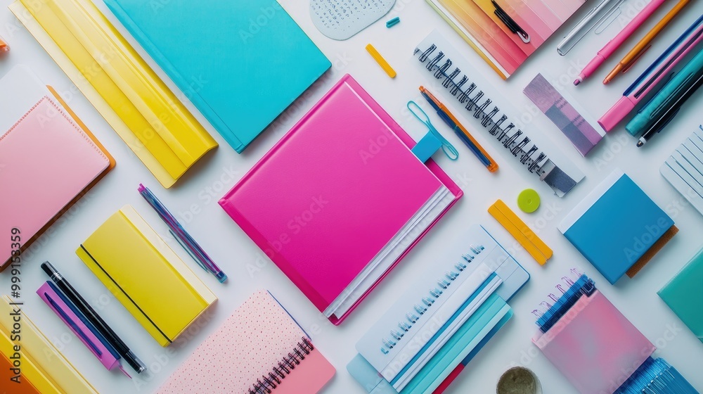 A mix of colorful office supplies such as binders, notebooks, and highlighters, arranged in an organized manner on a white surface. A mix of colorful office supplies such as binders, notebooks, and highlighters, arranged in an organized manner on a white surface.