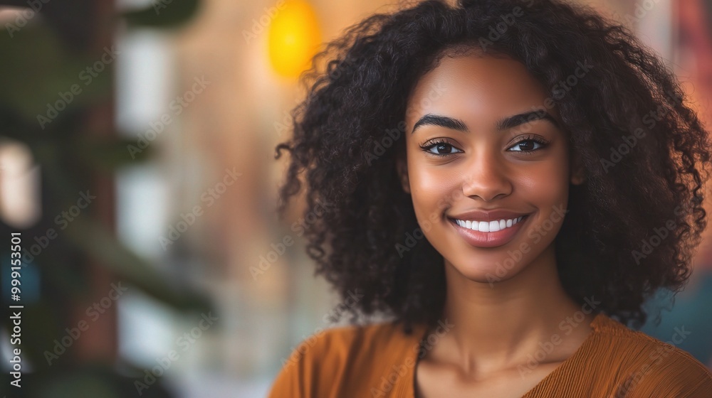 Smiling Woman with Natural Curly Hair in Cafe Setting Smiling Woman with Natural Curly Hair in Cafe Setting